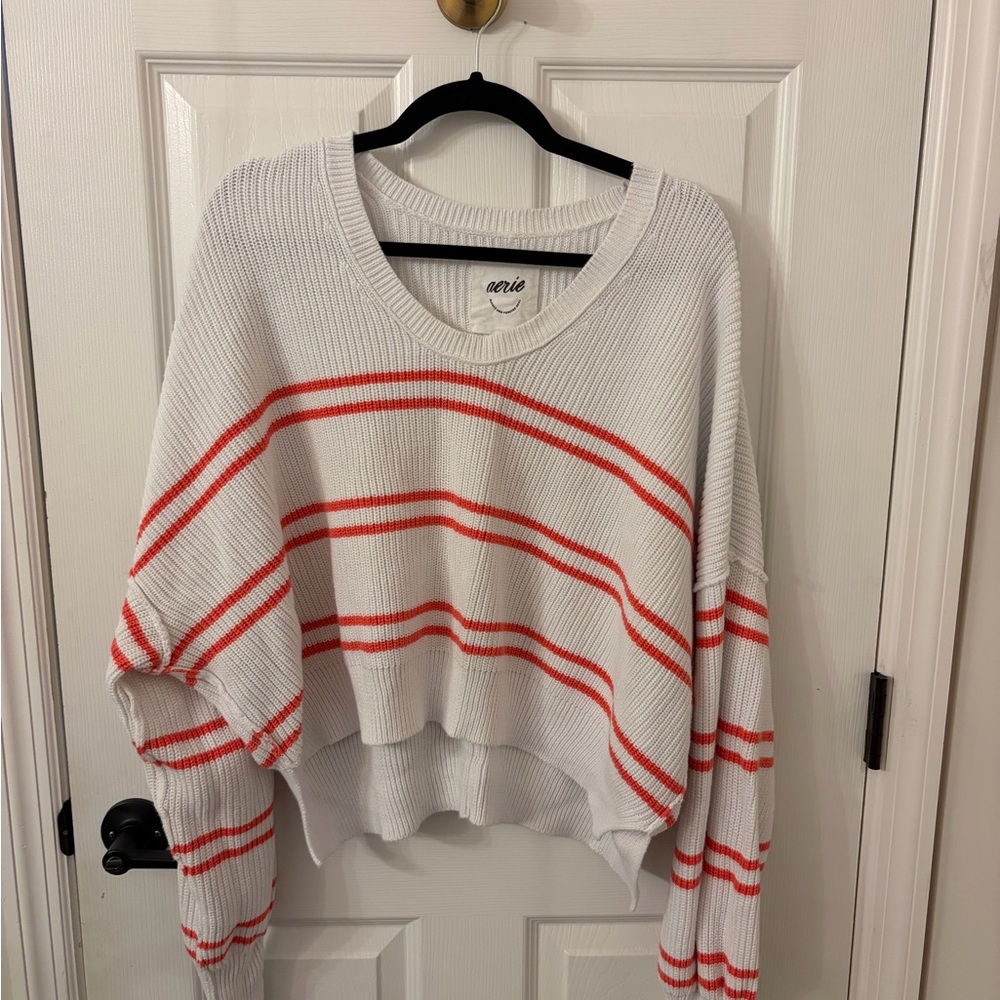 Aerie V-Neck Sweater in White with Red Stripes